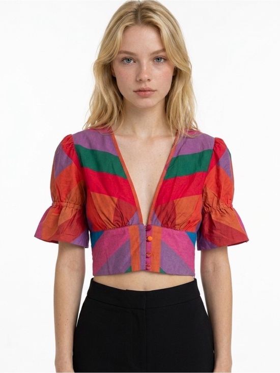 FARM Rio Tops - Farm Rio Amanda Stripe Crop V Neck Linen Blouse